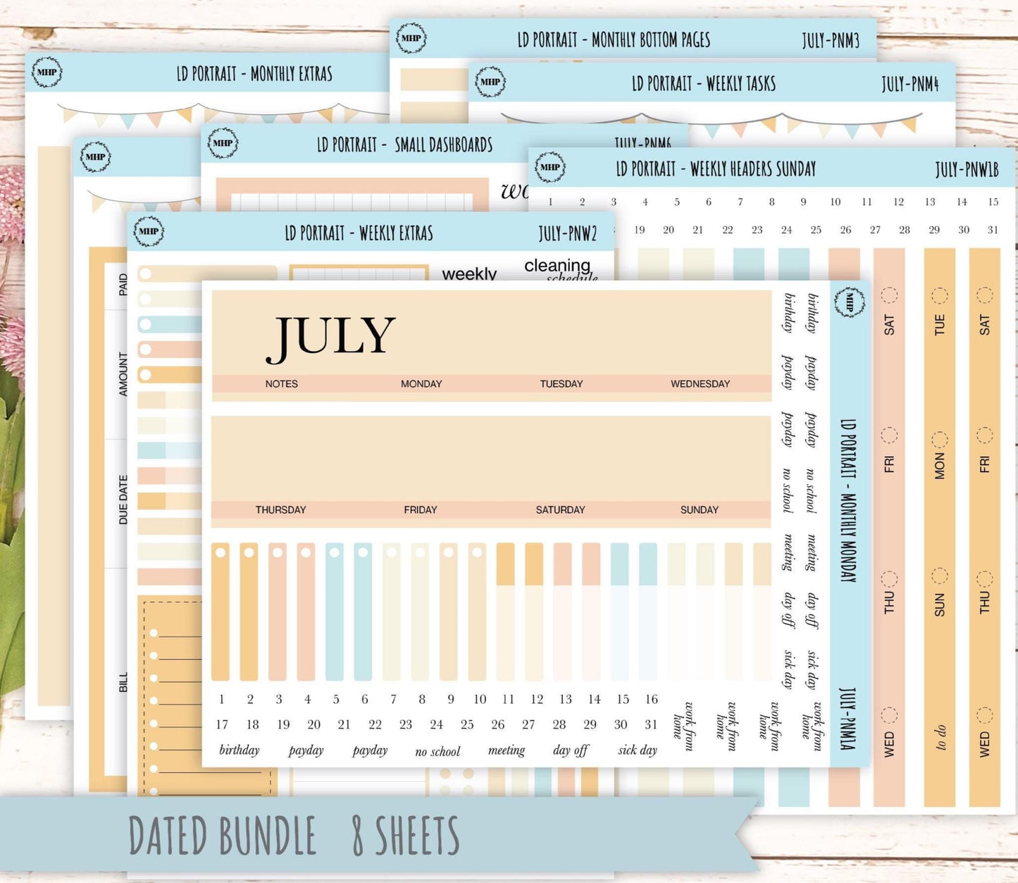 JULY Stickers for Laurel Denise Portrait Planners. Neutral Color || PN