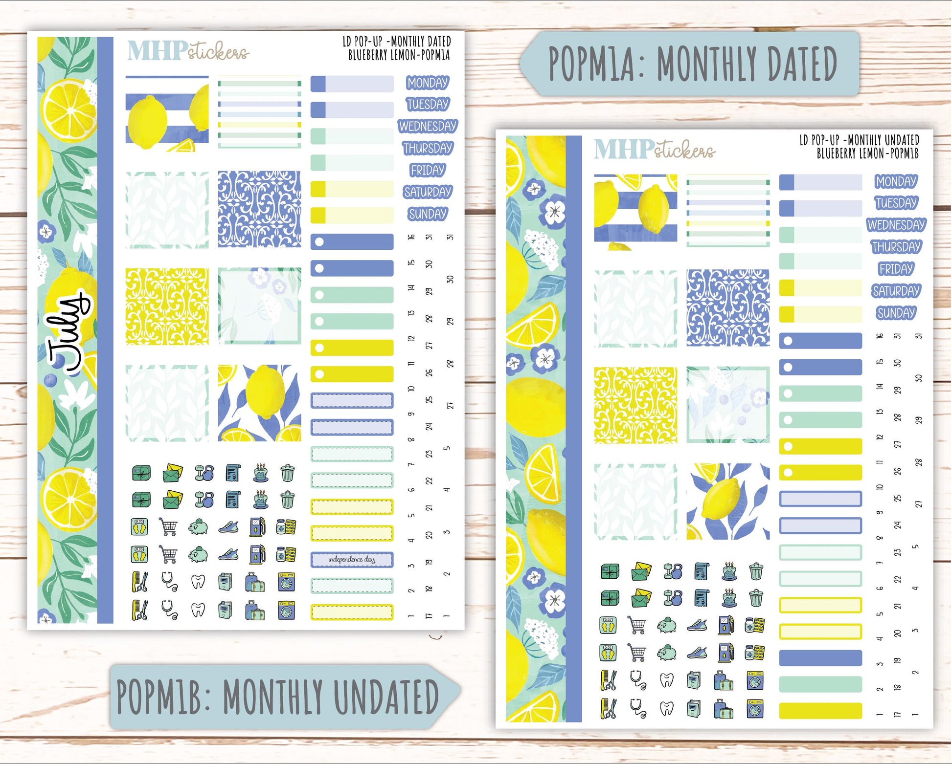 July 2025 Stickers for Laurel Denise POP-UP Planner. "Blueberry Lemon" || POPBL