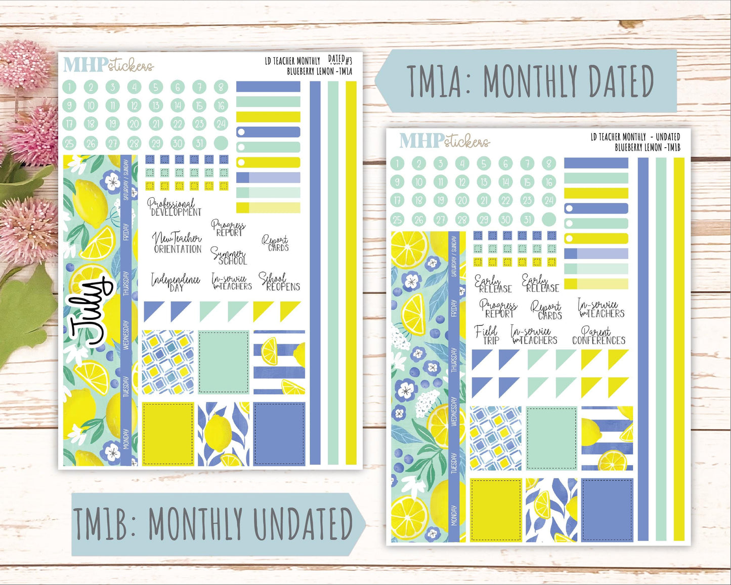 JULY Stickers for Laurel Denise Teacher Planners. "Blueberry Lemon" || TBL