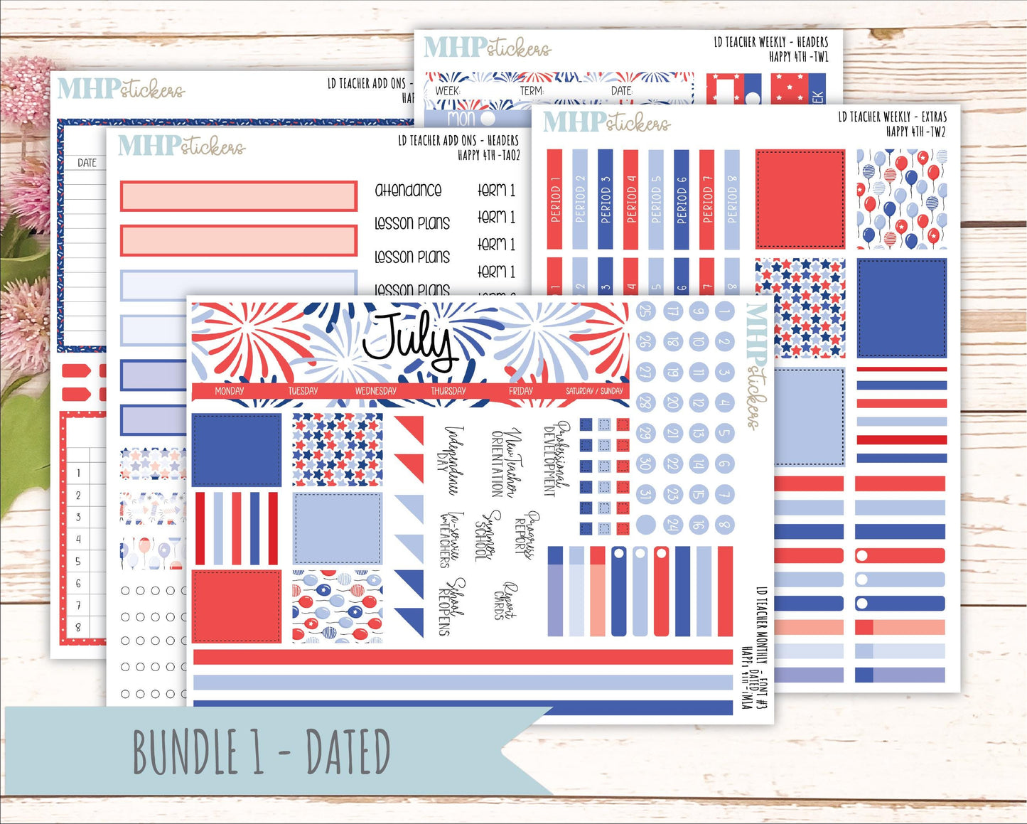 JULY Stickers for Laurel Denise Teacher Planners. "Happy 4th" || TH4