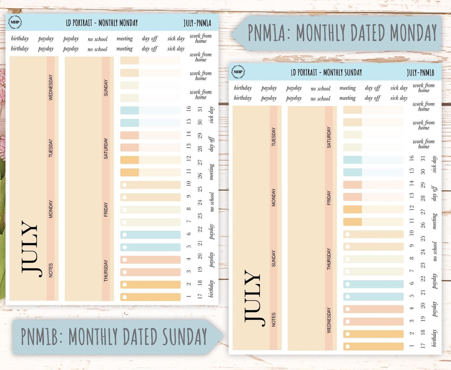 JULY Stickers for Laurel Denise Portrait Planners. Neutral Color || PN