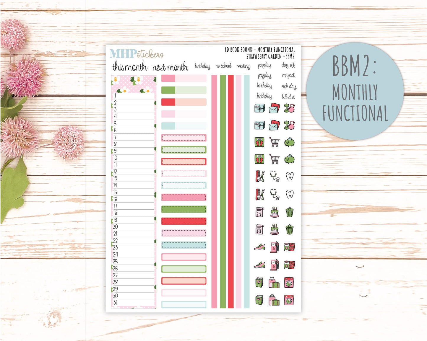 May 2025 Stickers for Laurel Denise BOOK BOUND Planner. "Strawberry Garden" || BB