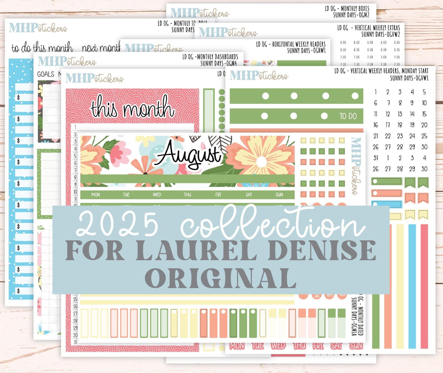 AUGUST 2025 Stickers for Original Size Horizontal & Vertical Laurel Denise Planners. "Sunny Days" || OGSD