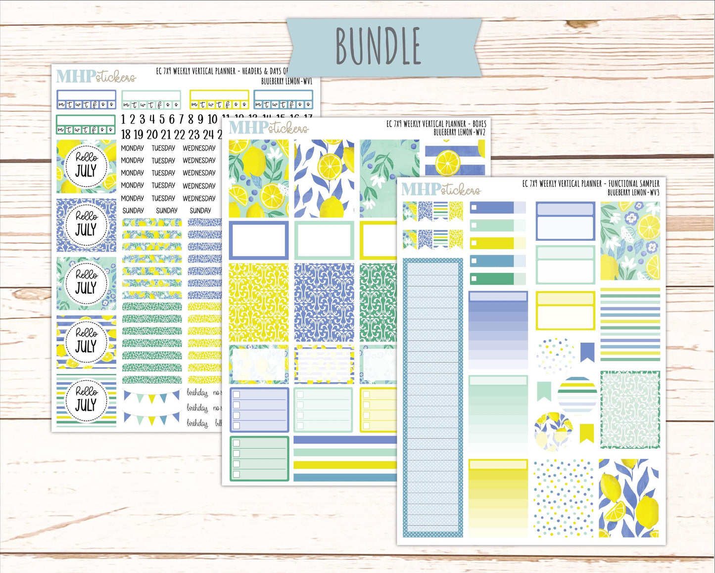 JULY Weekly Vertical Kits for 7x9 Erin Condren Planners. "Blueberry Lemon" || ECWV