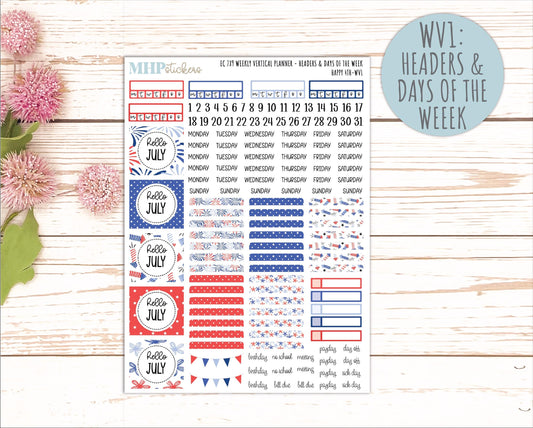 JULY Weekly Vertical Kits for 7x9 Erin Condren Planners. "Happy 4th" || ECWV