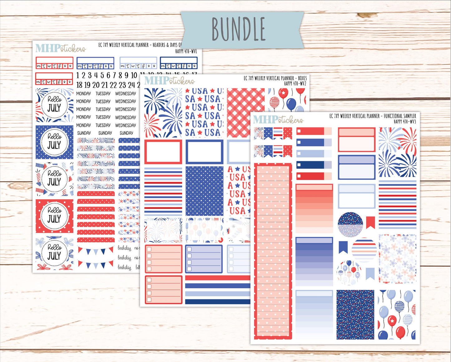 JULY Weekly Vertical Kits for 7x9 Erin Condren Planners. "Happy 4th" || ECWV