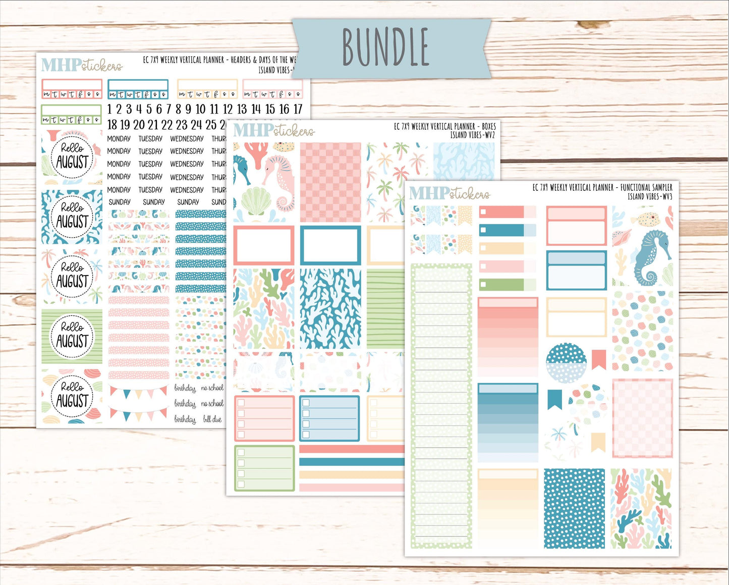 AUGUST Weekly Vertical Kits for 7x9 Erin Condren Planners. "Island Vibes" || ECWV