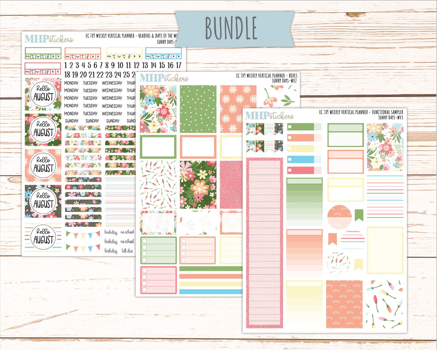 AUGUST Weekly Vertical Kits for 7x9 Erin Condren Planners. "Sunny Days" || ECWV