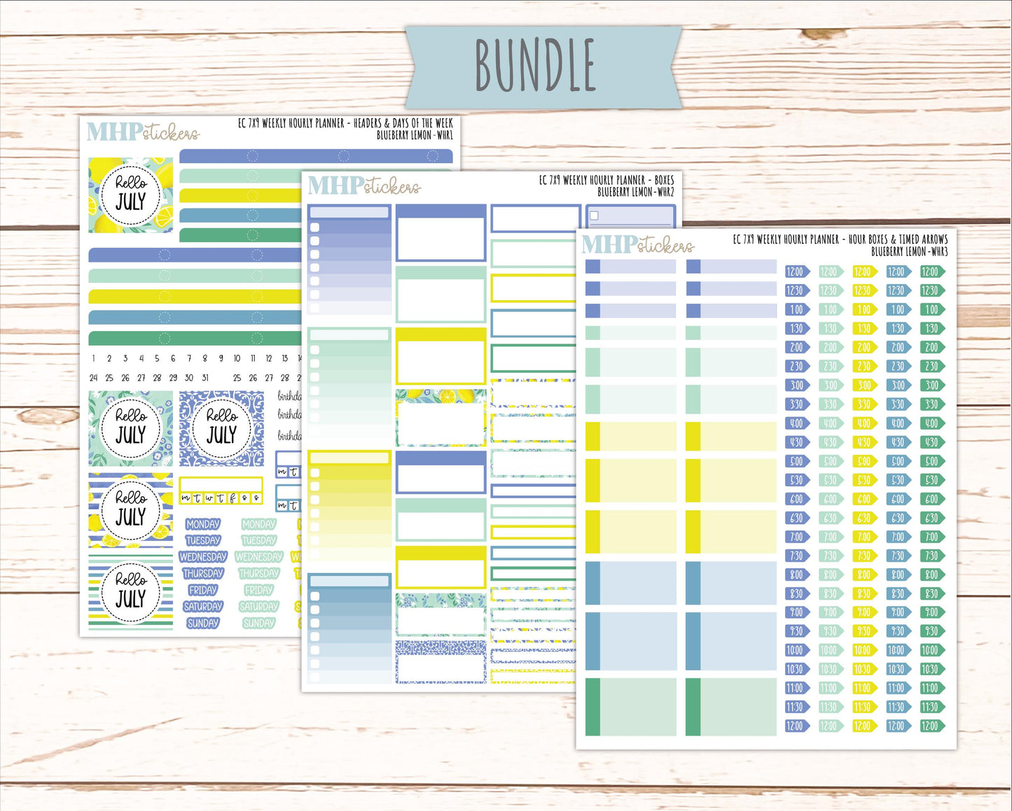 JULY Weekly Hourly Planning Kit for 7x9 Erin Condren Planners. "Blueberry Lemon" || ECWHR