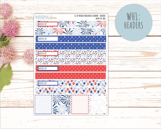 JULY Weekly Horizontal Planning Kit for 7x9 Erin Condren Planners. "Happy 4th" || ECWH