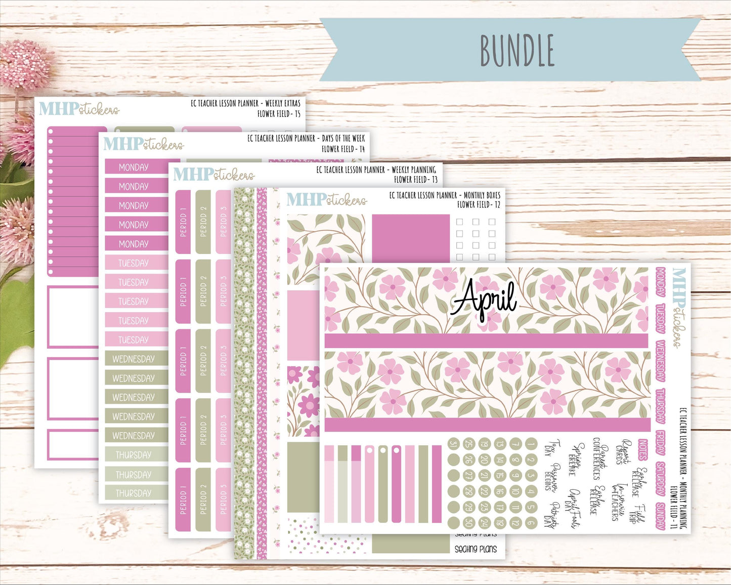 APRIL Stickers for EC Teacher Lesson Planner. 2025 Collection "Flower Field" || ECT
