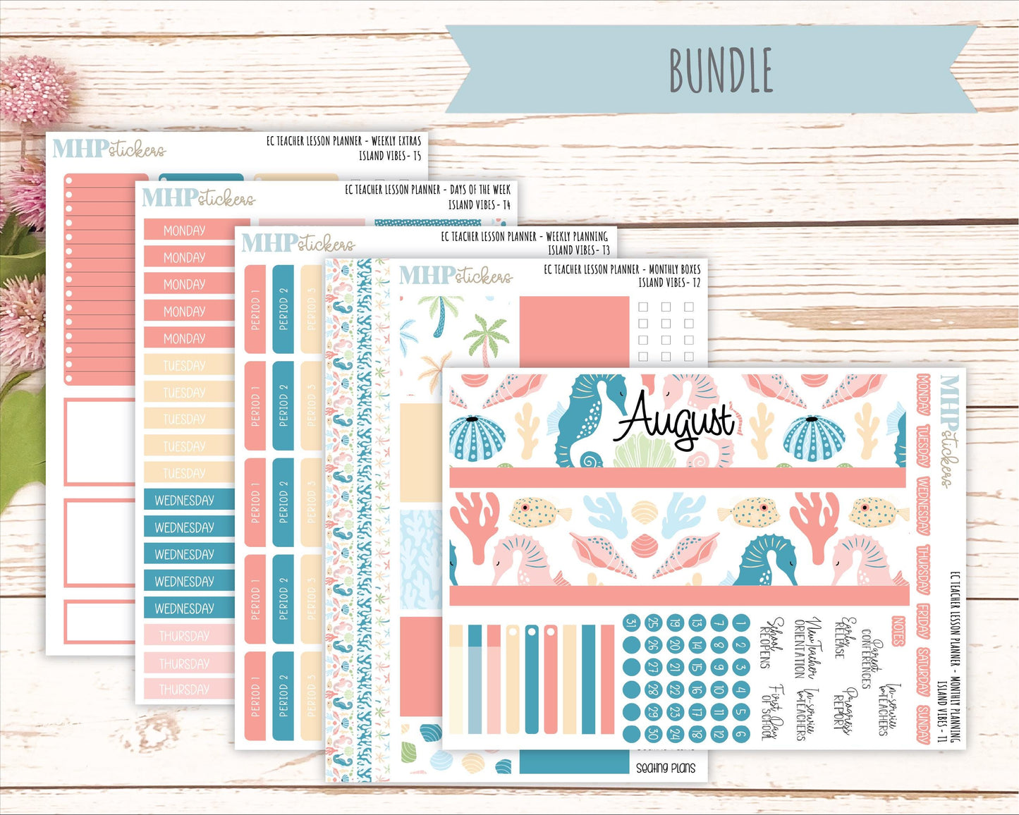 AUGUST Stickers for EC Teacher Lesson Planner. 2025 Collection "Island Vibes" || ECT