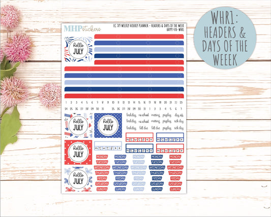JULY Weekly Hourly Planning Kit for 7x9 Erin Condren Planners. "Happy 4th" || ECWHR