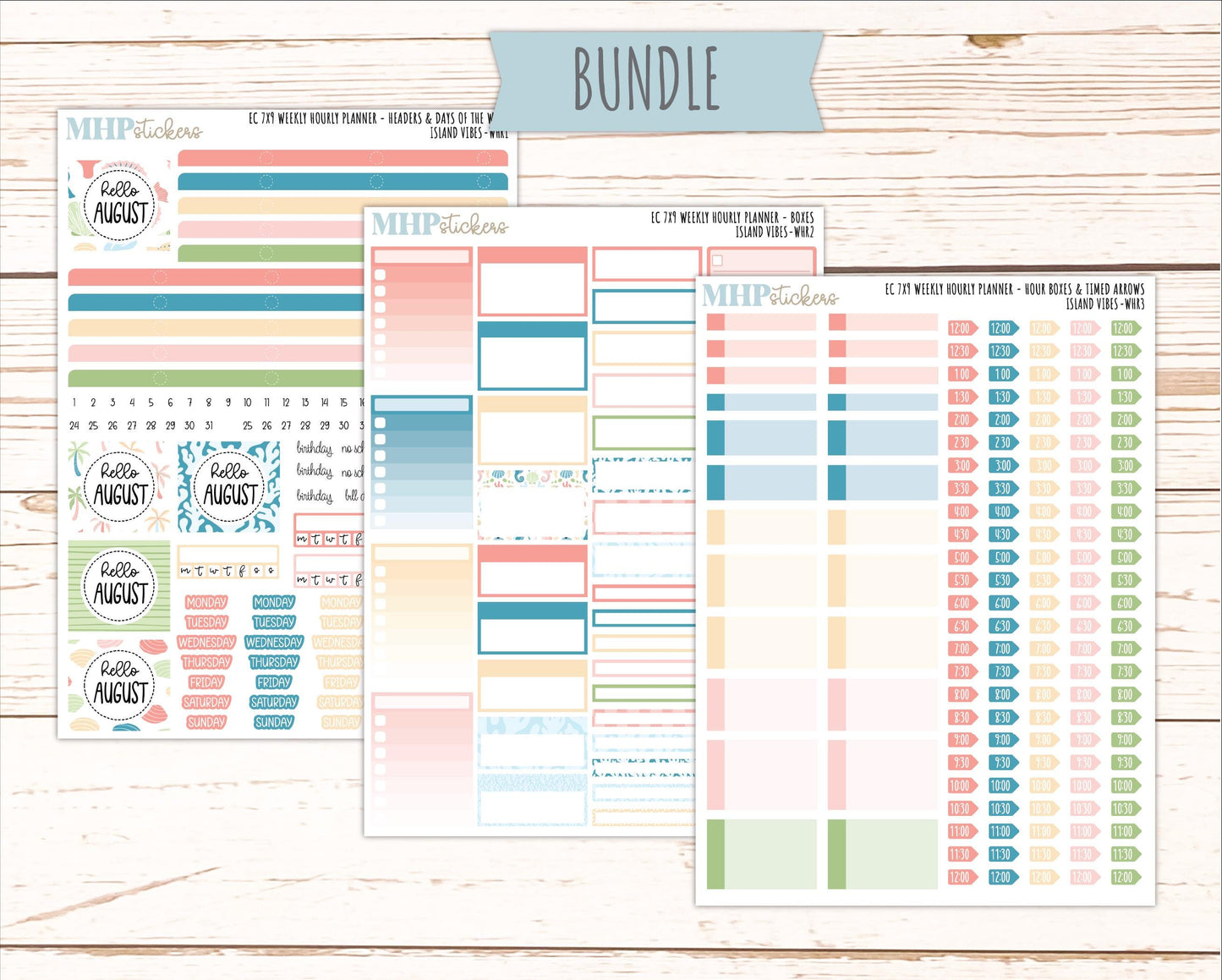 AUGUST Weekly Hourly Planning Kits for 7x9 Erin Condren Planners. "Island Vibes" || ECWHR