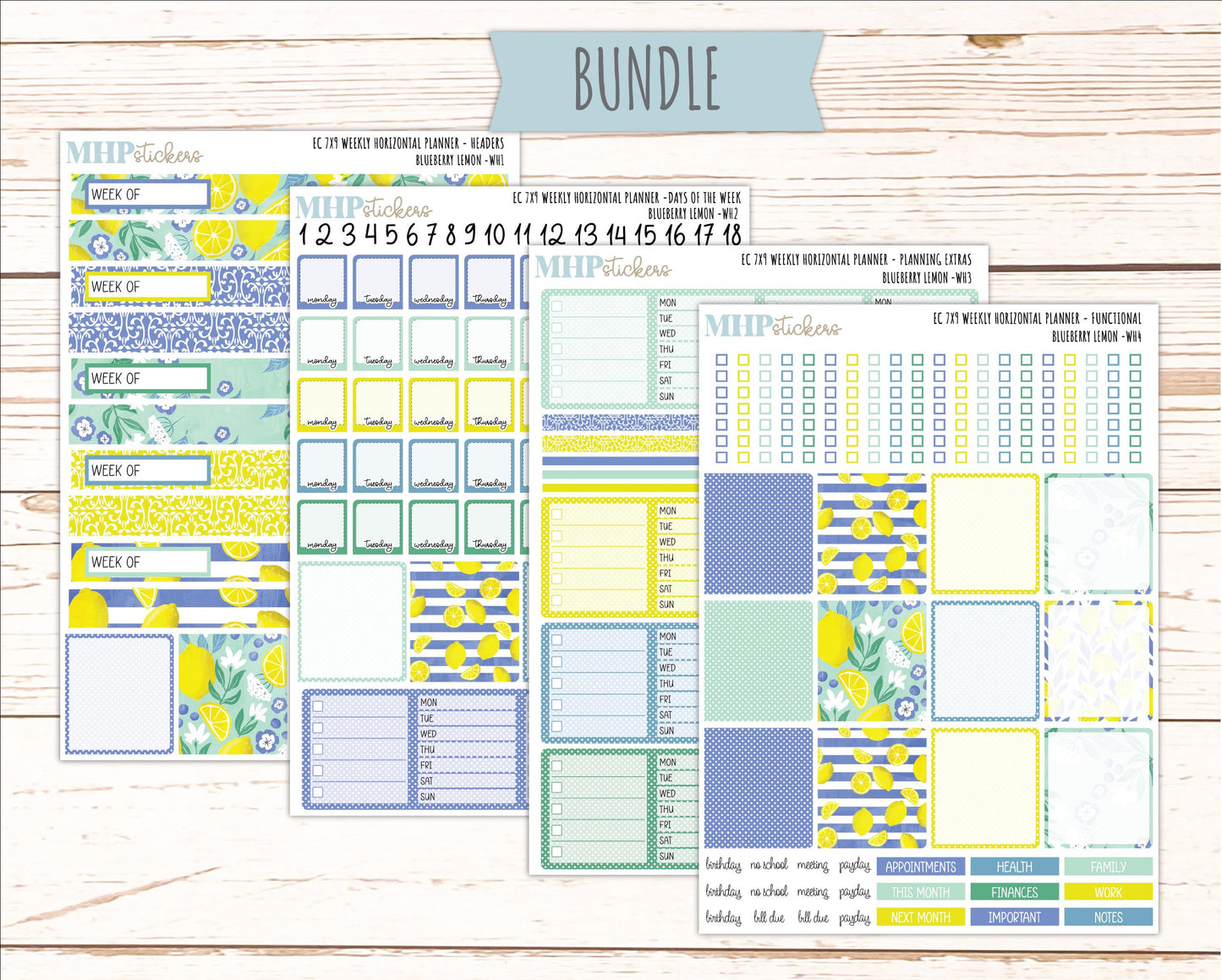 JULY Weekly Horizontal Planning Kit for 7x9 Erin Condren Planners. "Blueberry Lemon" || ECWH