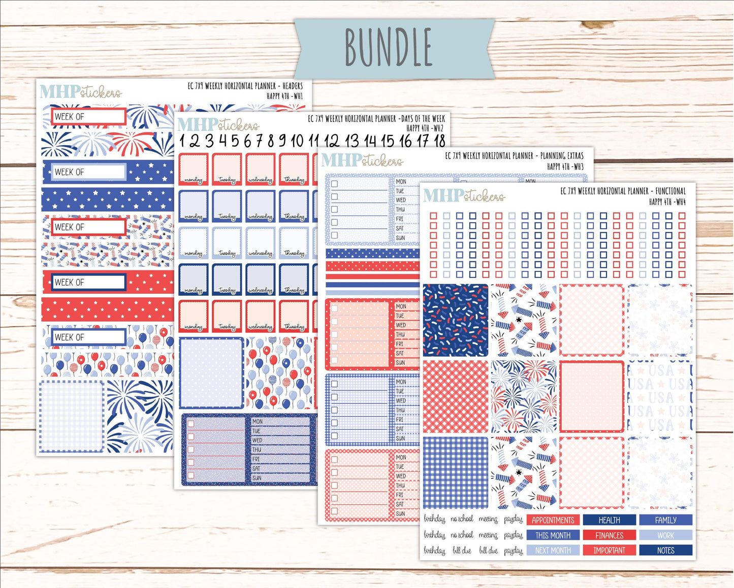 JULY Weekly Horizontal Planning Kit for 7x9 Erin Condren Planners. "Happy 4th" || ECWH