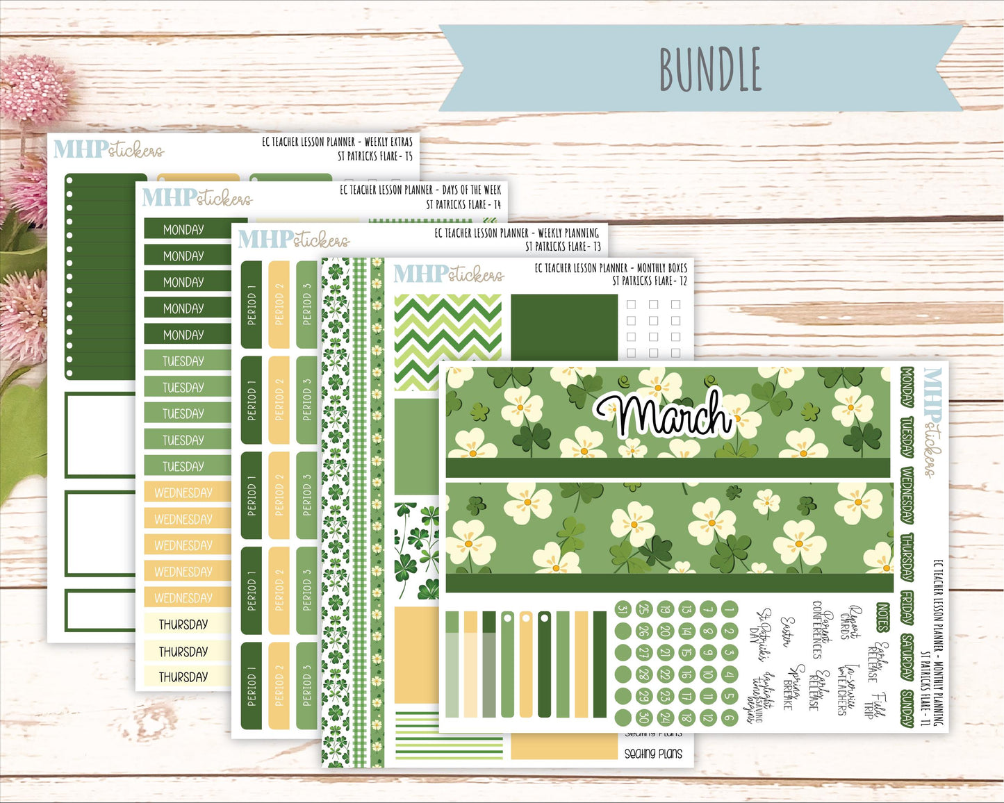MARCH Stickers for EC Teacher Lesson Planner. 2025 Collection "St Patrick's Flare" || ECT