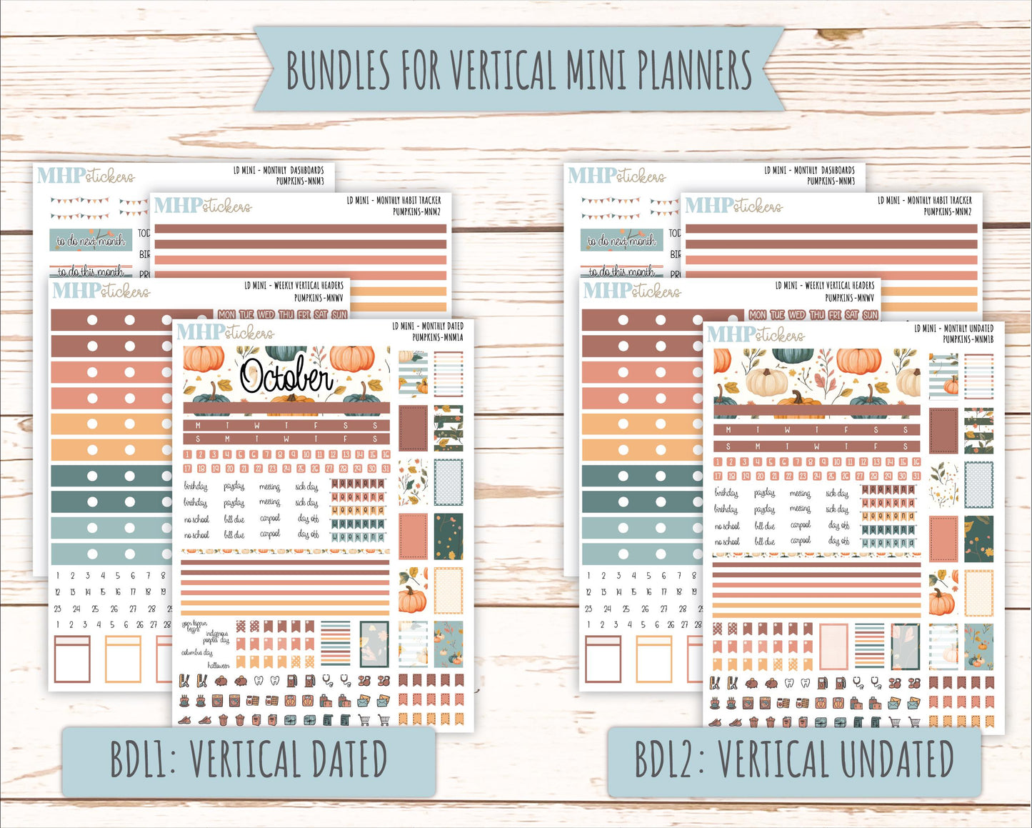 OCTOBER 2025 Stickers for MINI Horizontal & Vertical Laurel Denise Planners. "Pumpkins" || MN