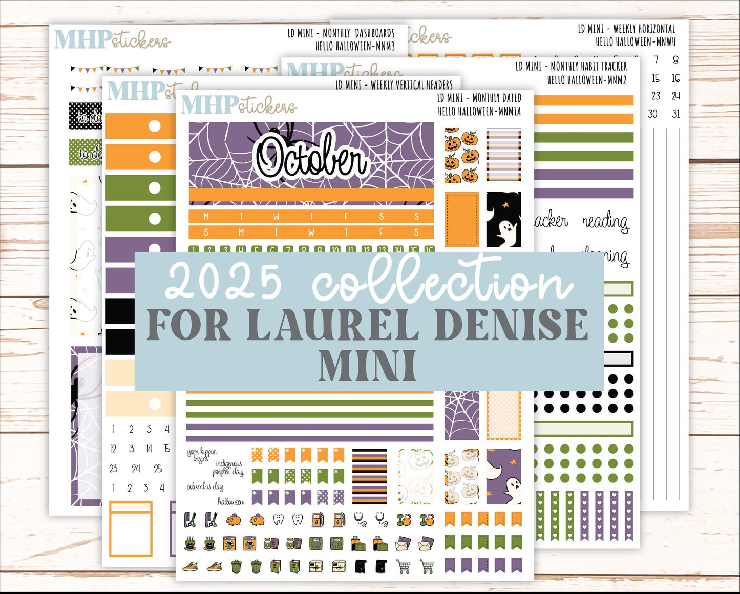 OCTOBER 2025 Stickers for MINI Horizontal & Vertical Laurel Denise Planners. "Hello Halloween" || MN