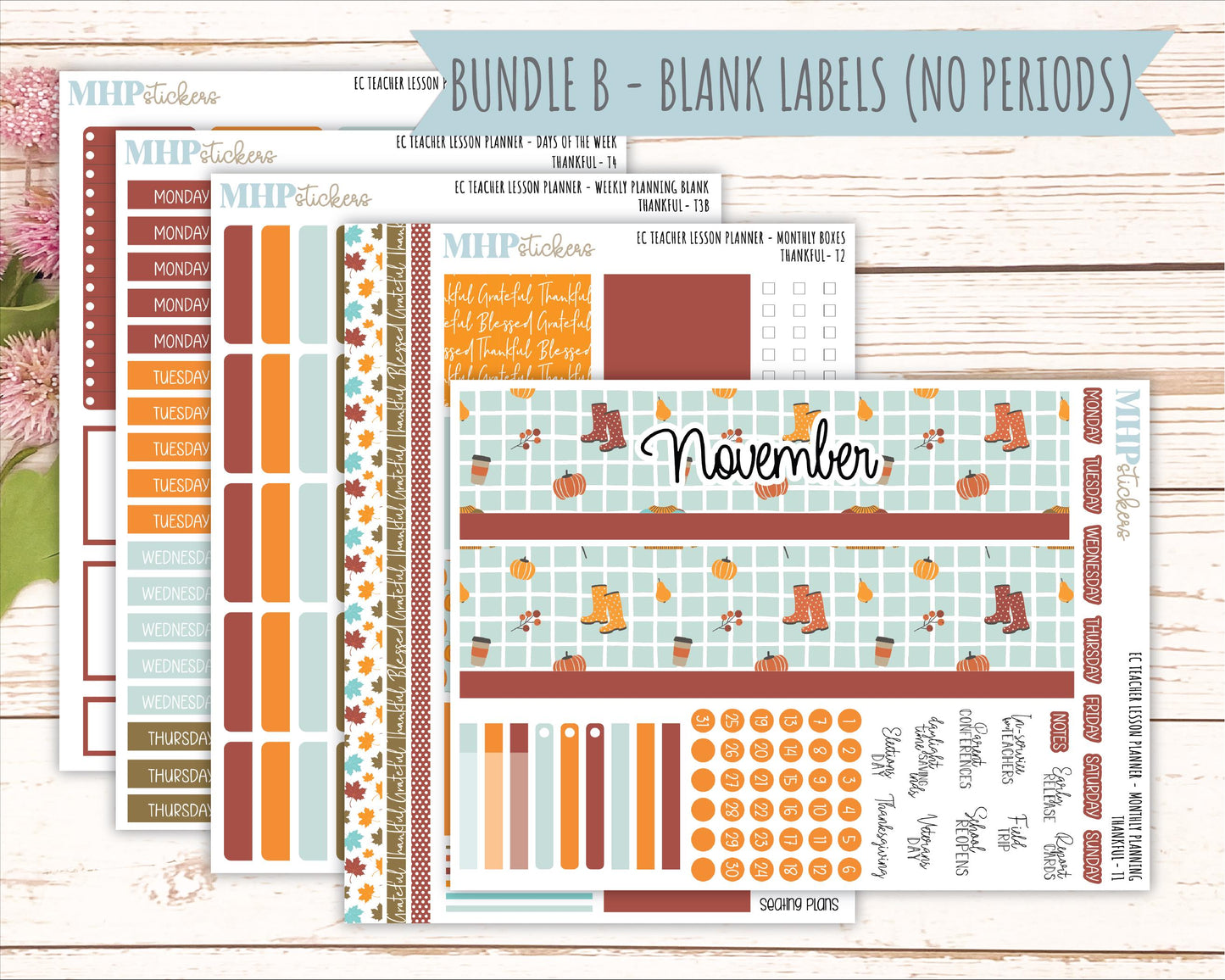 NOVEMBER Stickers for EC Teacher Lesson Planner. 2025 Collection "Thankful" || ECT