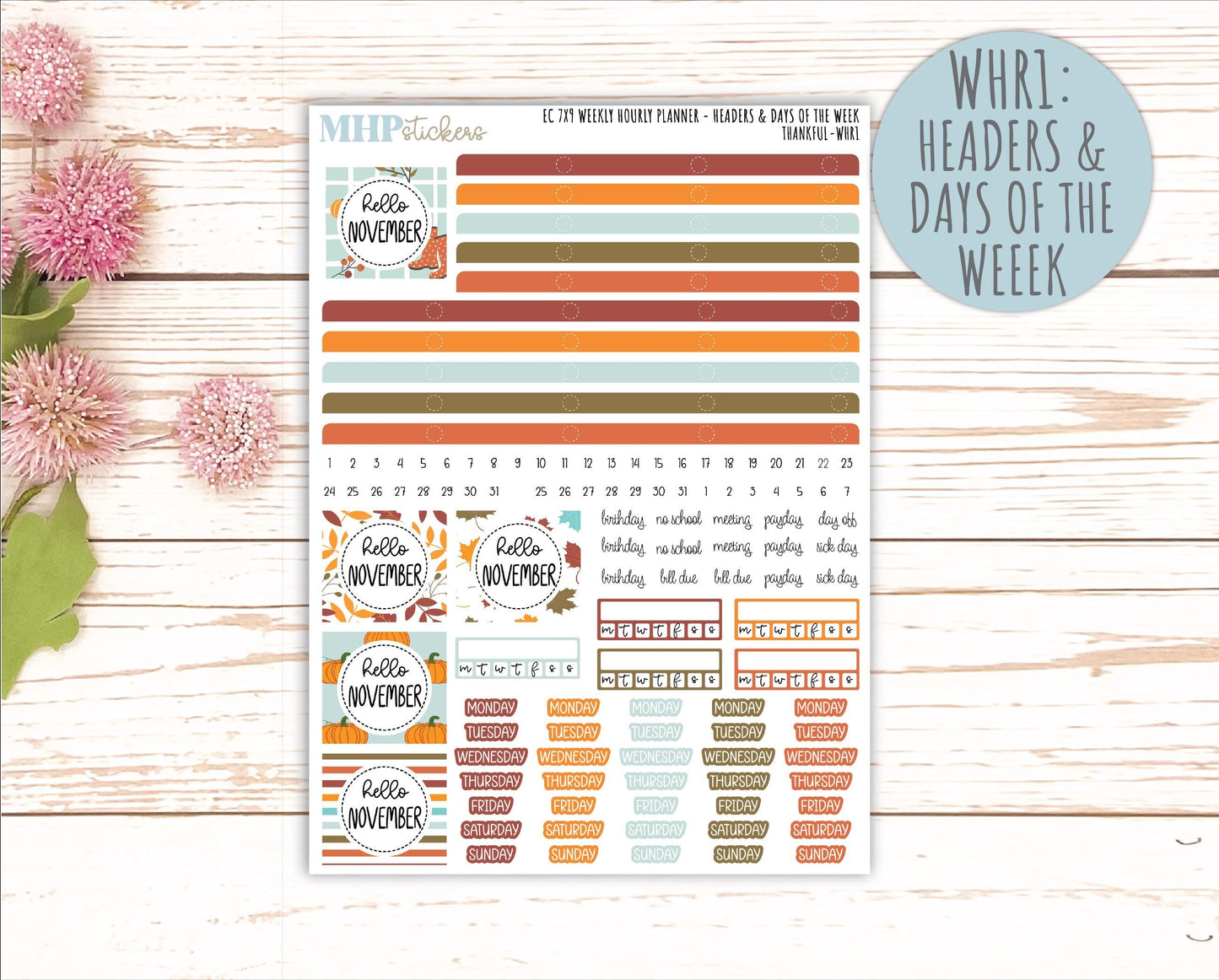 NOVEMBER Weekly Hourly Planning Kits for 7x9 Erin Condren Planners. "Thankful" || ECWHR