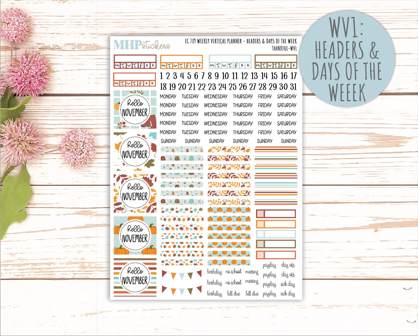 NOVEMBER Weekly Vertical Kits for 7x9 Erin Condren Planners. "Thankful" || ECWV