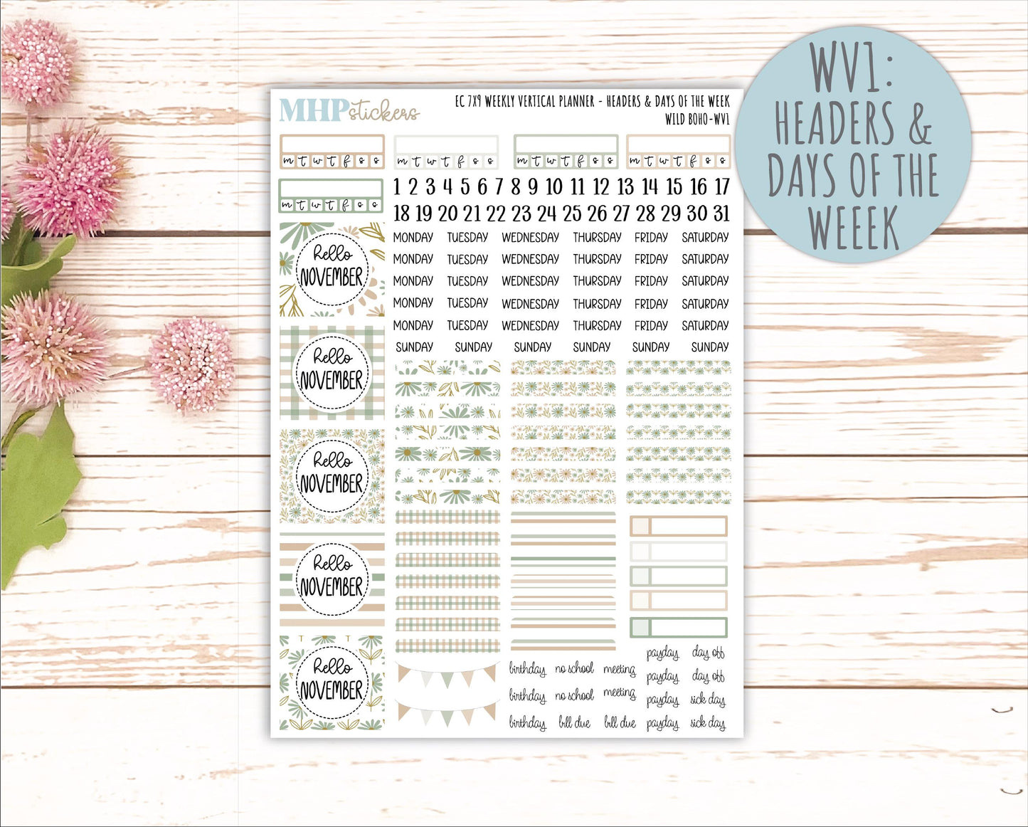 NOVEMBER Weekly Vertical Kits for 7x9 Erin Condren Planners. "Wild Boho" || ECWV