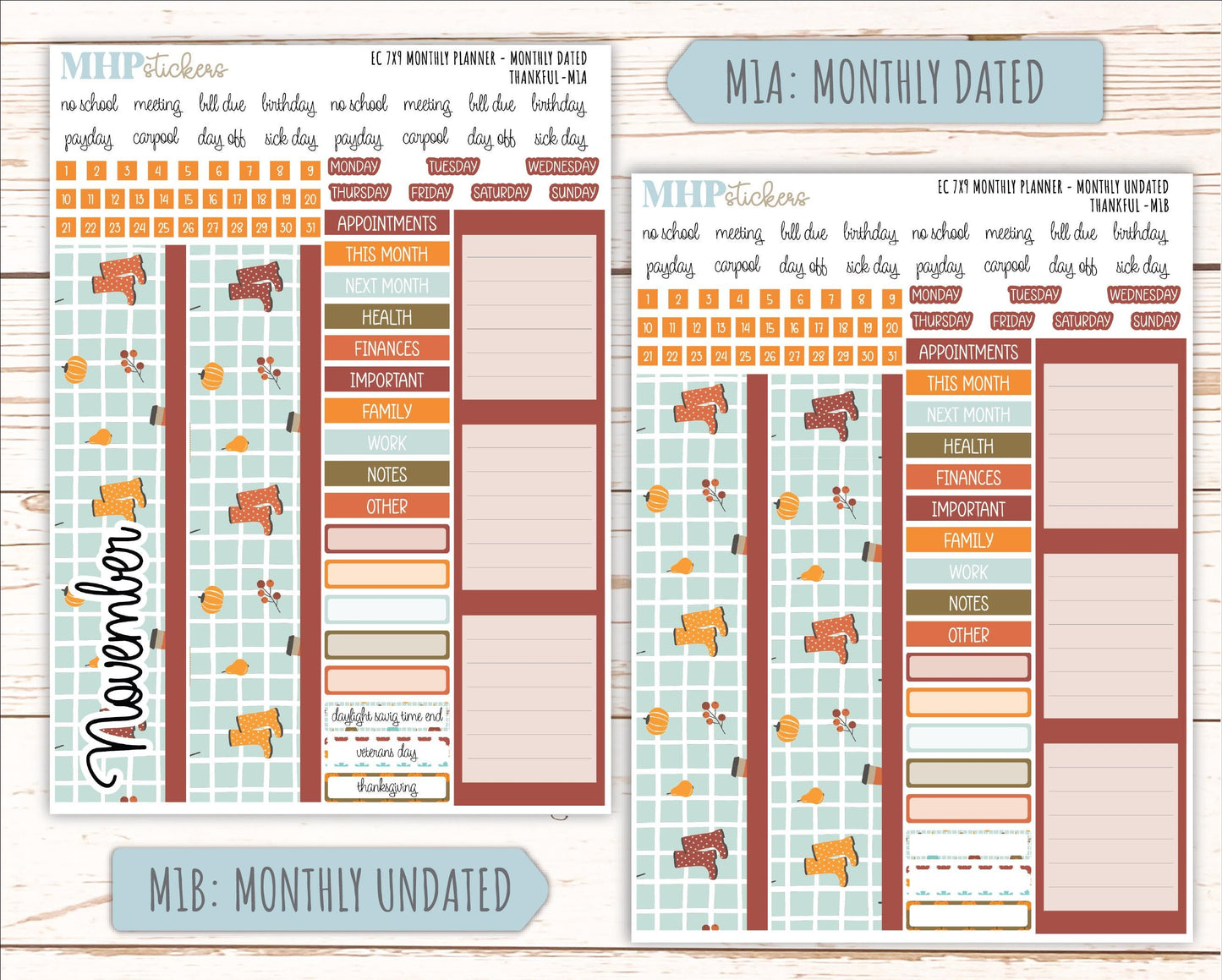 NOVEMBER MONTHLY Kit for 7x9 Erin Condren Planners. 2025 Collection "Thankful" || ECM