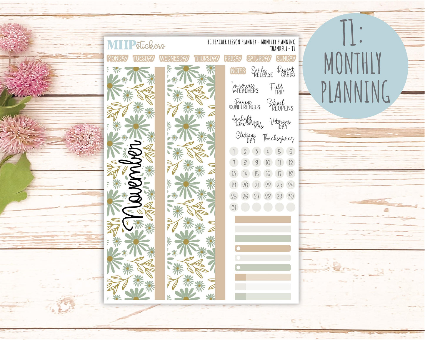 NOVEMBER Stickers for EC Teacher Lesson Planner. 2025 Collection "Wild Boho" || ECT