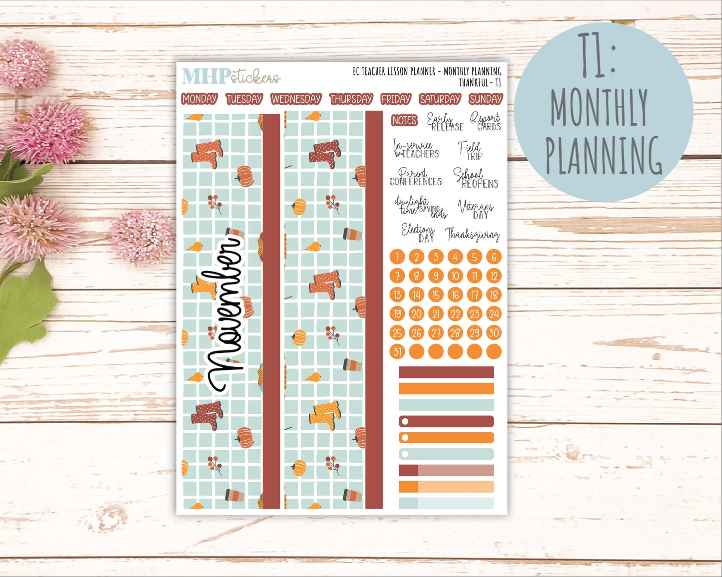 NOVEMBER Stickers for EC Teacher Lesson Planner. 2025 Collection "Thankful" || ECT