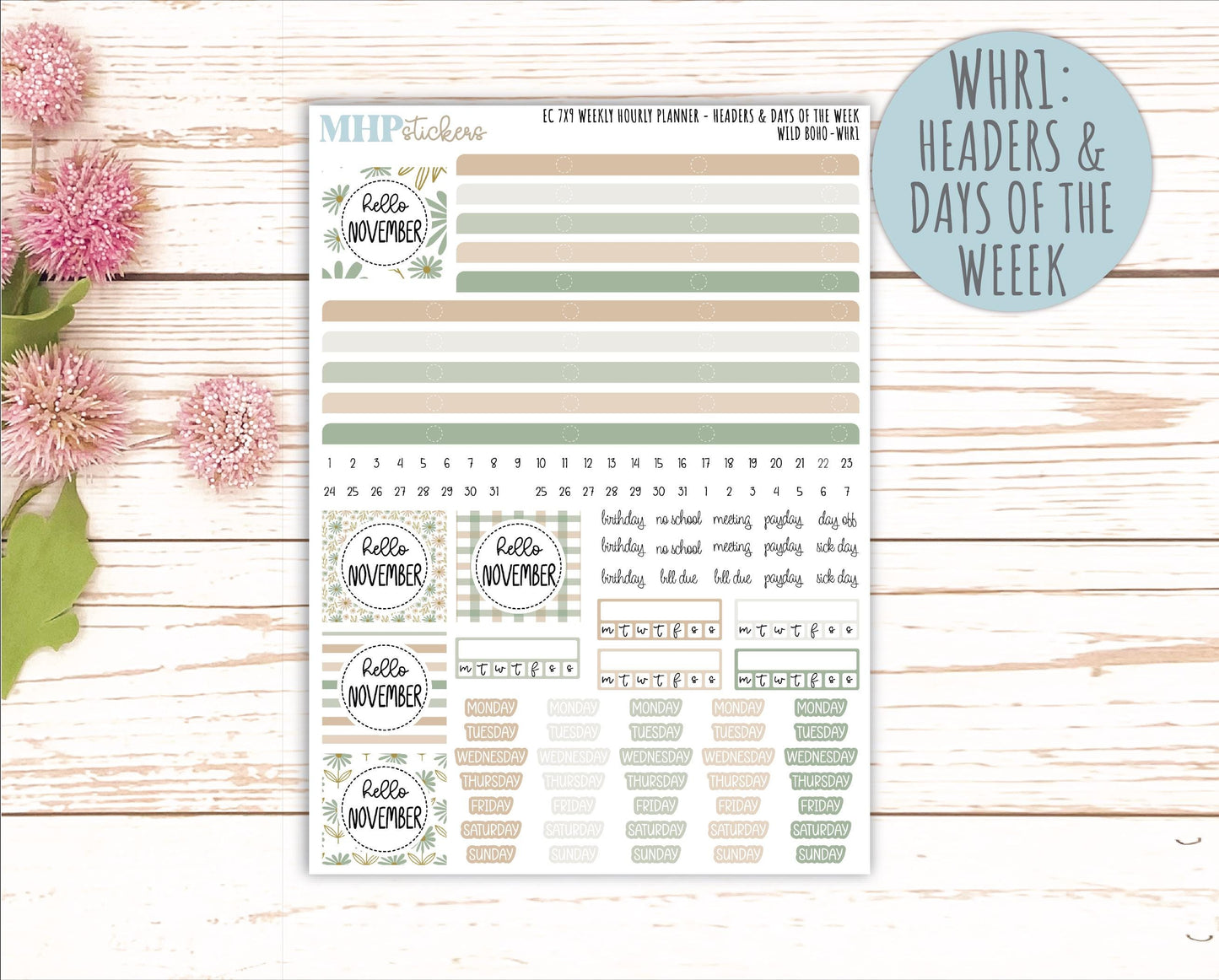 NOVEMBER Weekly Hourly Planning Kits for 7x9 Erin Condren Planners. "Wild Boho" || ECWHR