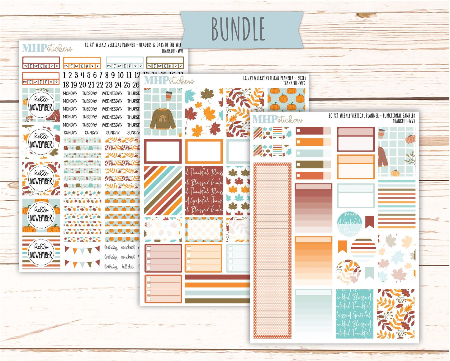 NOVEMBER Weekly Vertical Kits for 7x9 Erin Condren Planners. "Thankful" || ECWV
