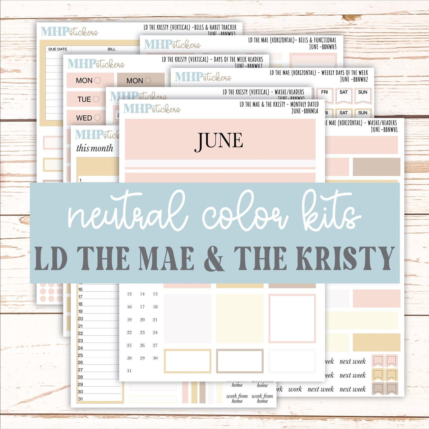 JUNE Stickers for The Mae & Kristy Laurel Denise Planners (formerly Book Bound Planner). Neutral Color || BBN