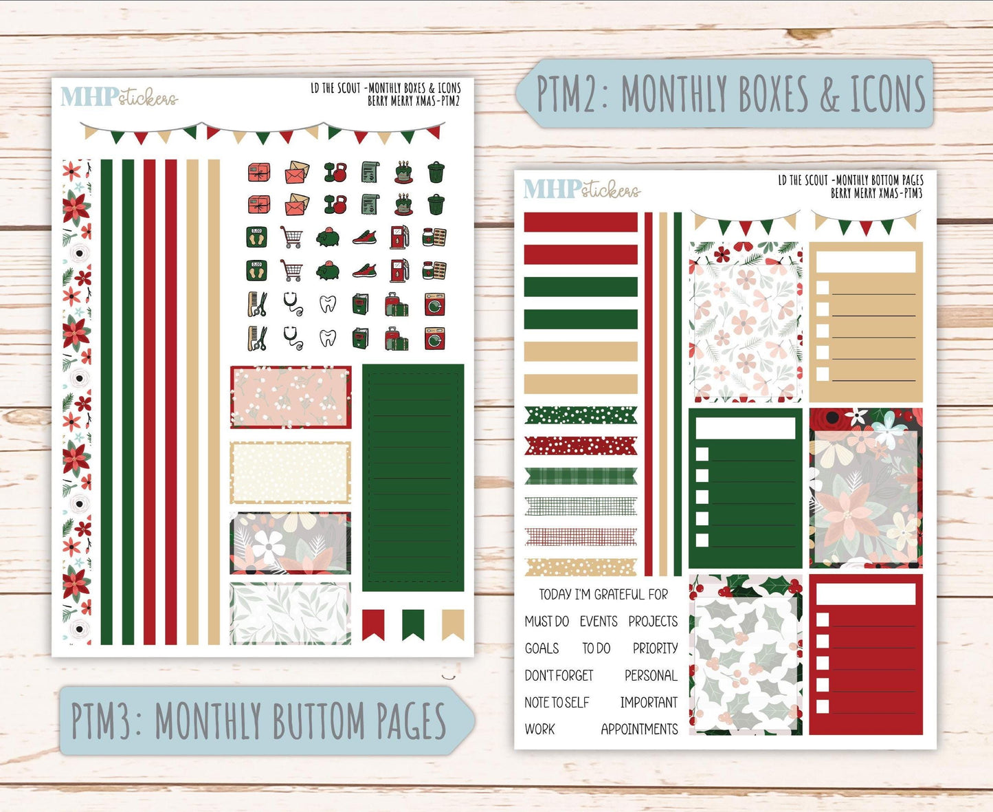 DECEMBER 2025 Stickers for the Large Laurel Denise Scout Planner (formerly Portrait Planner) "Berry Merry Xmas" || PT