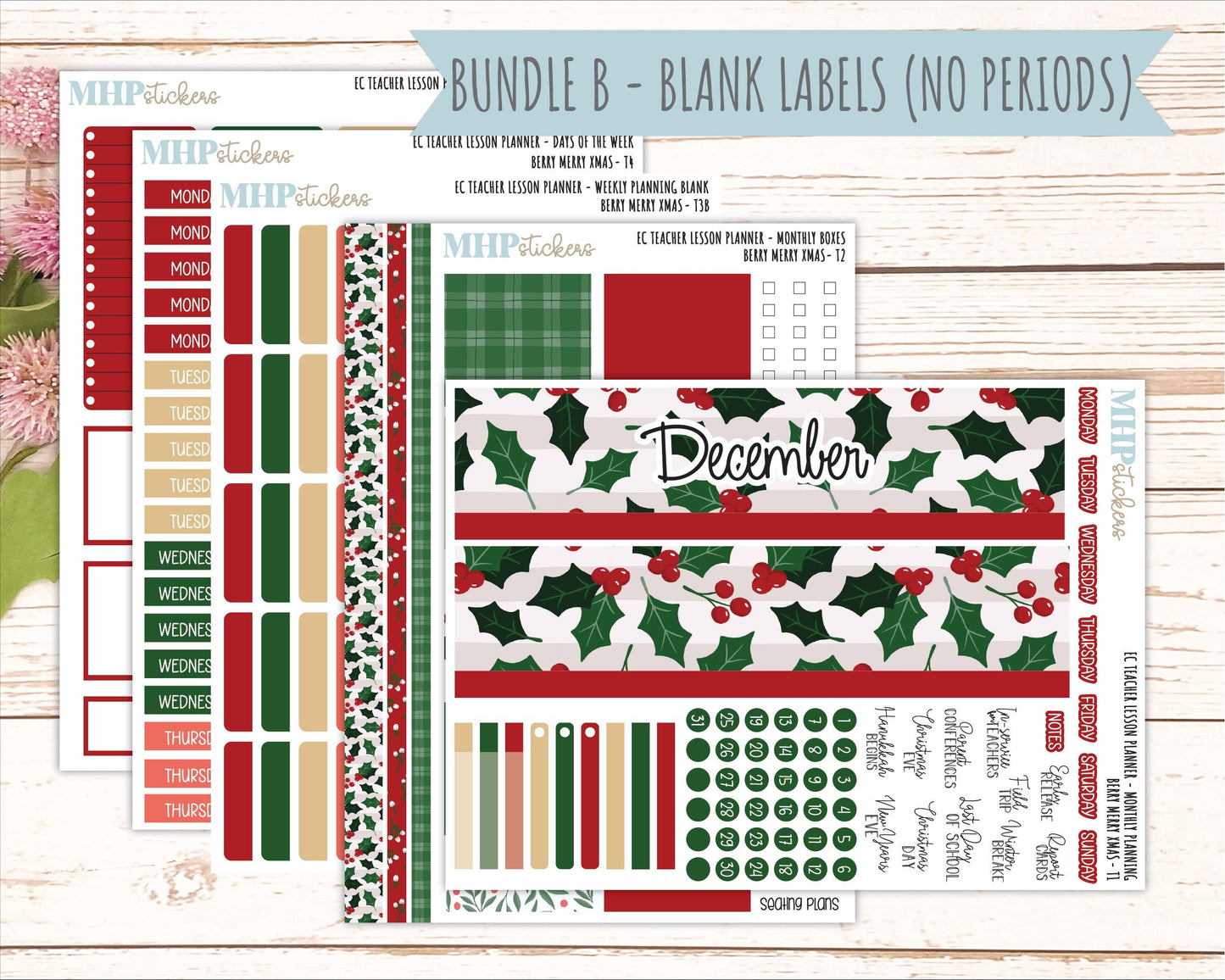 DECEMBER Stickers for EC Teacher Lesson Planner. 2025 Collection "Berry Merry Xmas" || ECT