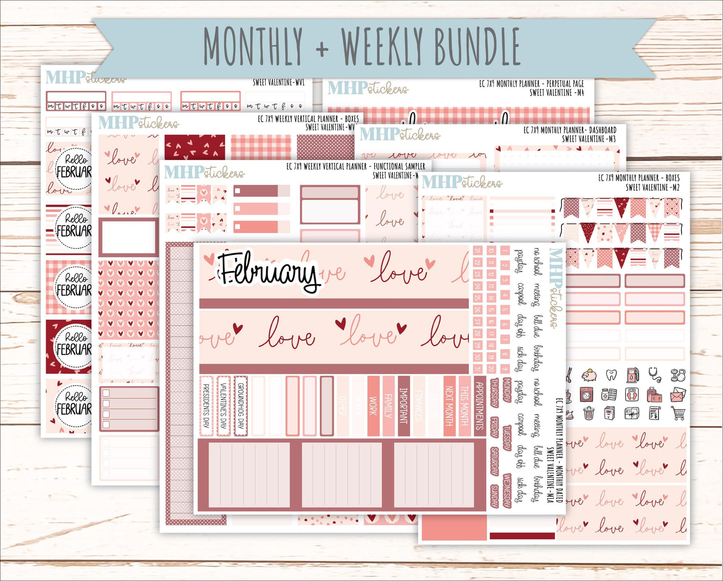 FEBRUARY Weekly Vertical Kits for 7x9 Erin Condren Planners. 2026 Collection "Sweet Valentine" || ECWV