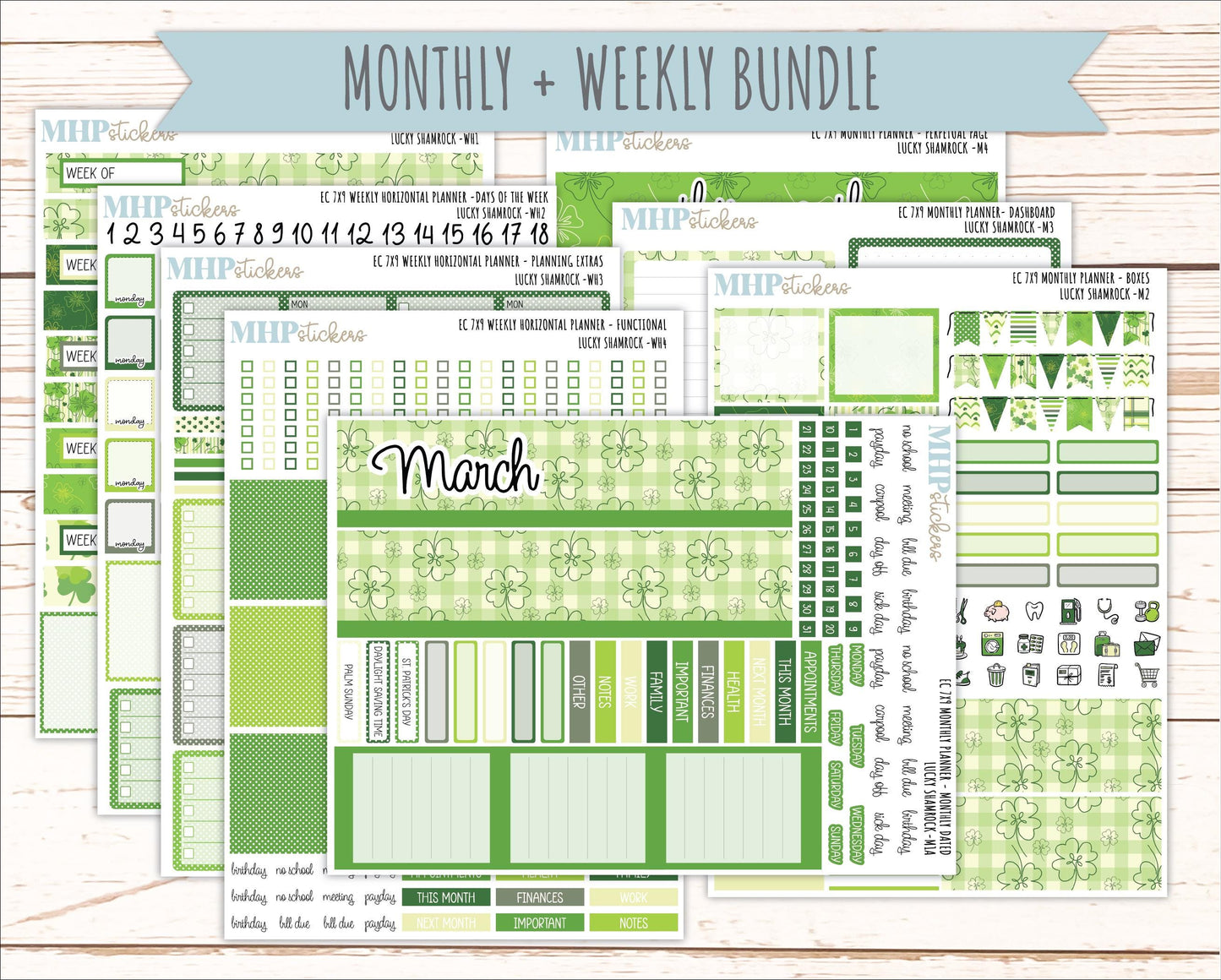 MARCH Weekly Horizontal Planning Kit for 7x9 Erin Condren Planners. 2026 Collection "Lucky Shamrock" || ECWH