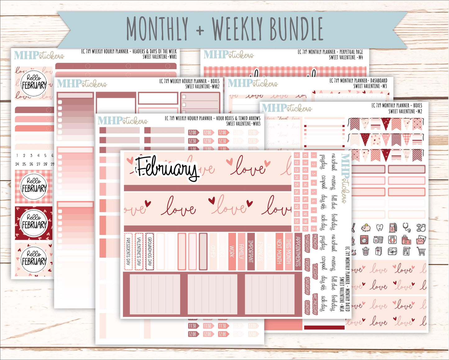 FEBRUARY Weekly Hourly Planning Kits for 7x9 Erin Condren Planners. 2026 Collection "Sweet Valentine" || ECWHR
