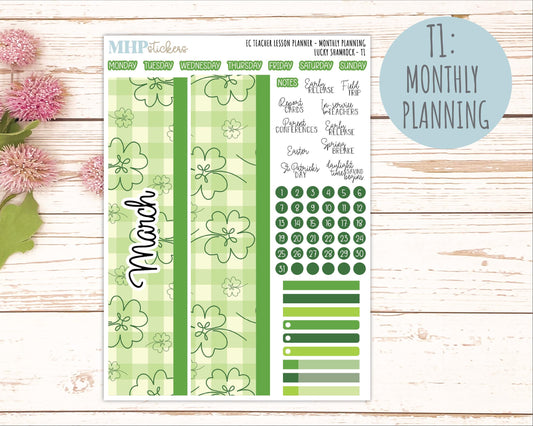 MARCH Stickers for EC Teacher Lesson Planner - Vertical Layout.. 2026 Collection "Lucky Shamrock" || ECT