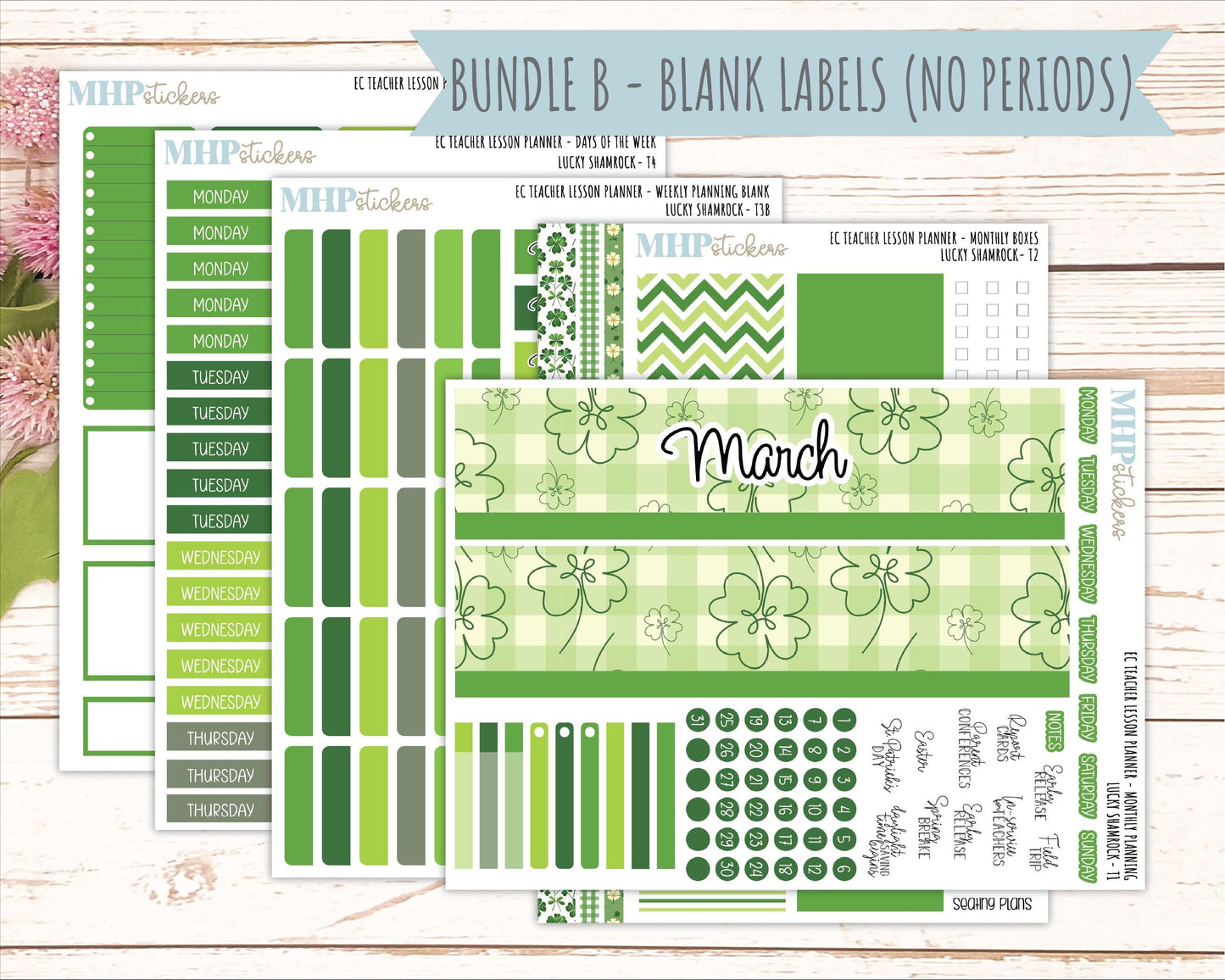MARCH Stickers for EC Teacher Lesson Planner - Vertical Layout.. 2026 Collection "Lucky Shamrock" || ECT