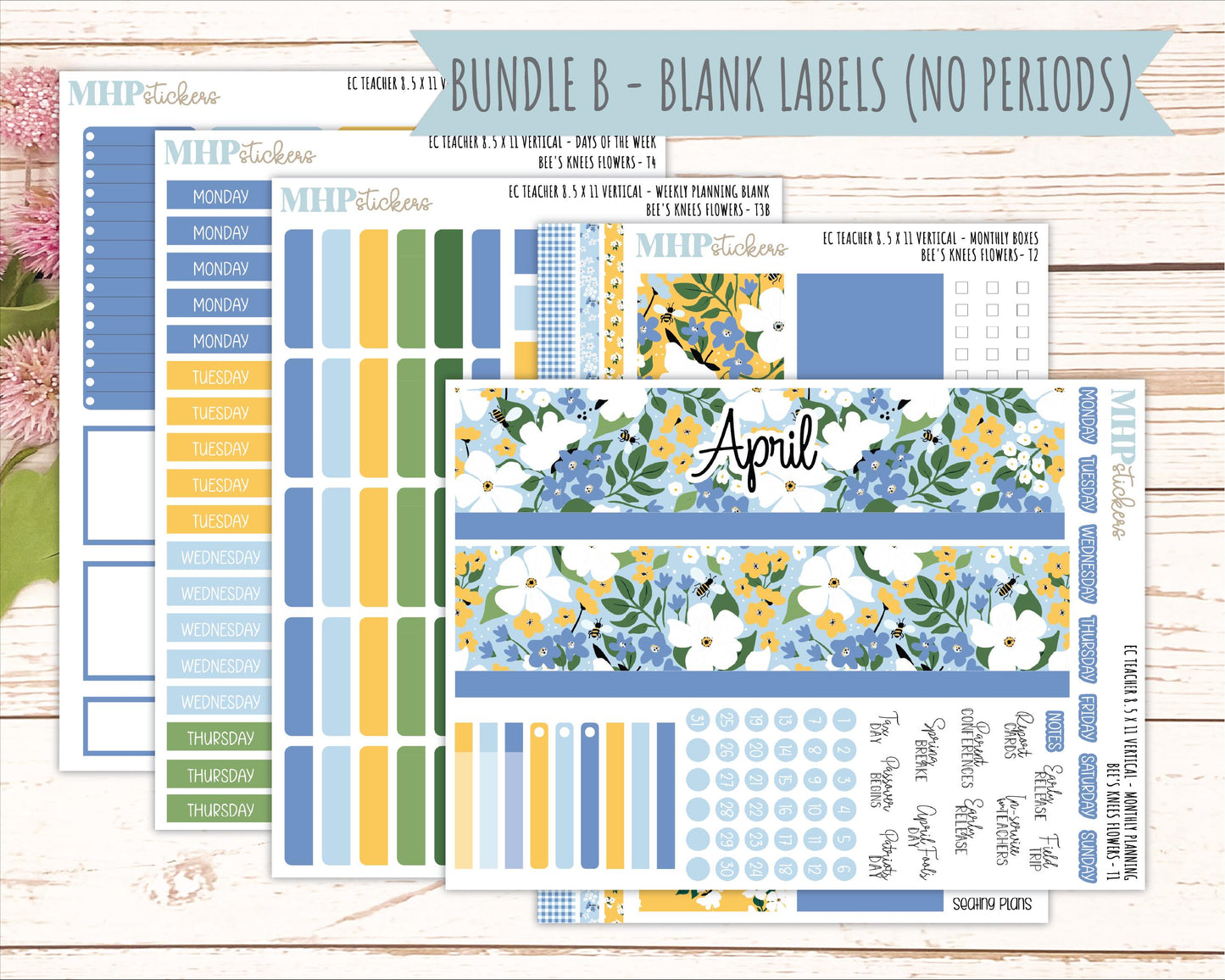 APRIL Stickers for EC Teacher Lesson Planner - Vertical Layout. 2026 Collection "Bee's Knees Flowers" || ECT