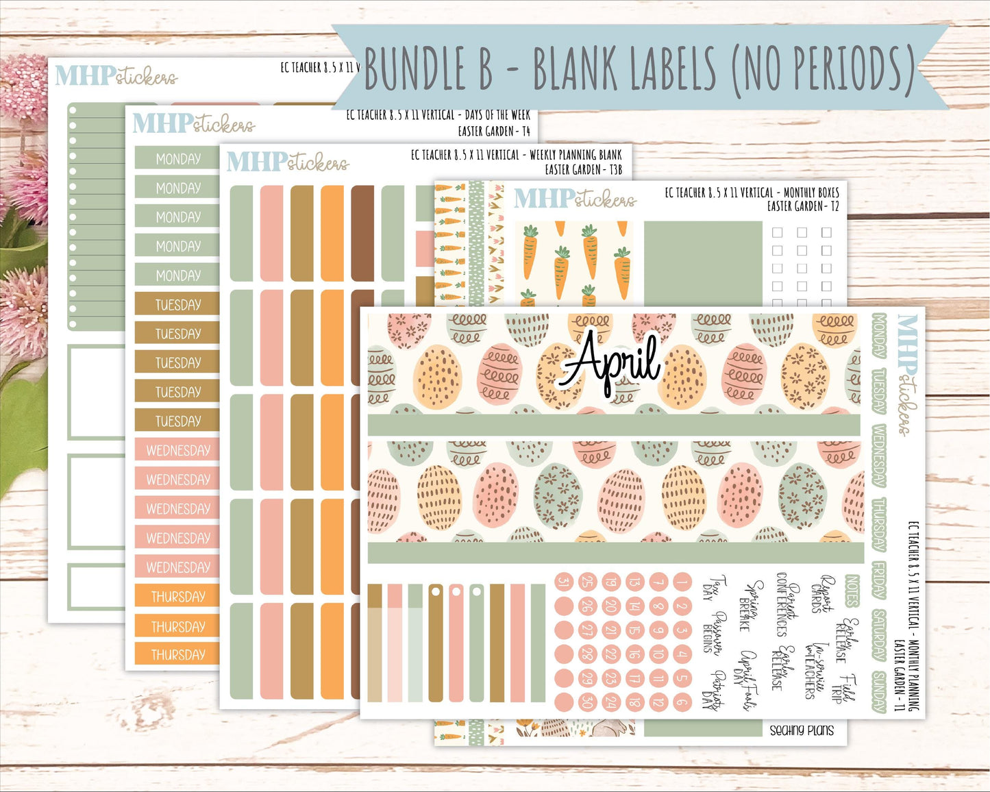 APRIL Stickers for EC Teacher Lesson Planner - Vertical Layout. 2026 Collection "Easter Garden" || ECT