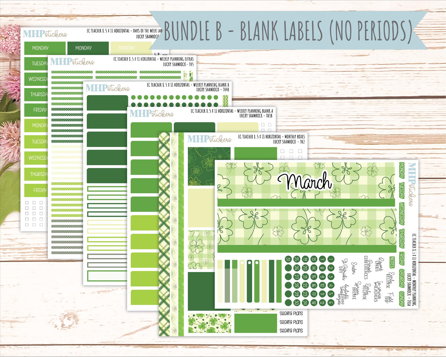 MARCH Stickers for EC Teacher Lesson Planner - Horizontal Layout. 2026 Collection "Lucky Shamrock" || ECTH