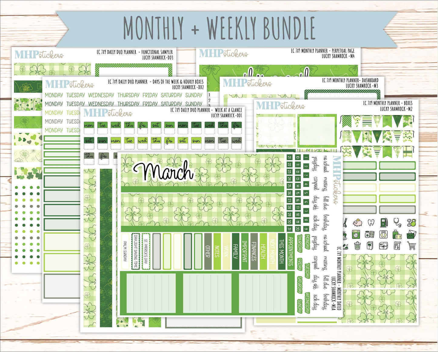MARCH Daily Duo Sticker Kit for 7x9 Erin Condren Planners. 2026 Collection "Lucky Shamrock" || ECDD
