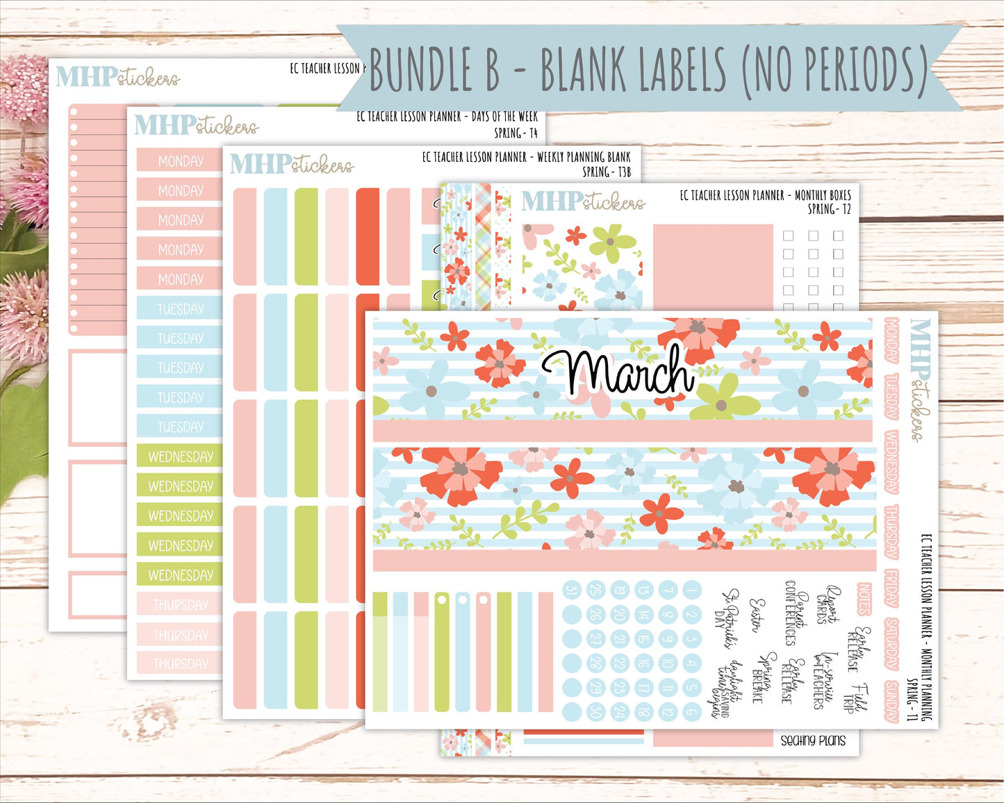 MARCH Stickers for EC Teacher Lesson Planner - Vertical Layout. 2026 Collection "Spring" || ECT