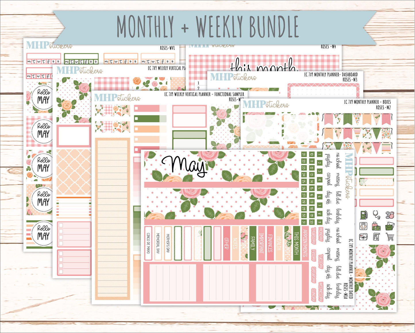 MAY Weekly Vertical Kits for 7x9 Erin Condren Planners. 2026 Collection "Roses" || ECWV