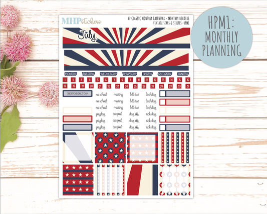 JULY Stickers for Happy Planner Classic Vertical Layout. 2026 Collection. "Vintage Stars & Stripes" || HPV