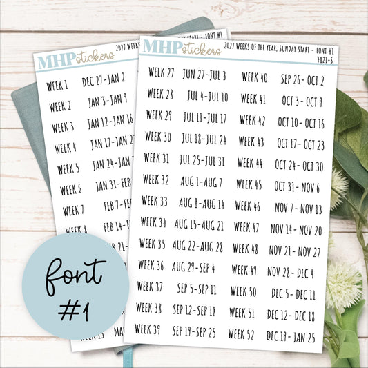 2027 Weeks of the Year Stickers SUNDAY START for Planners and Bullet Journals. || F821