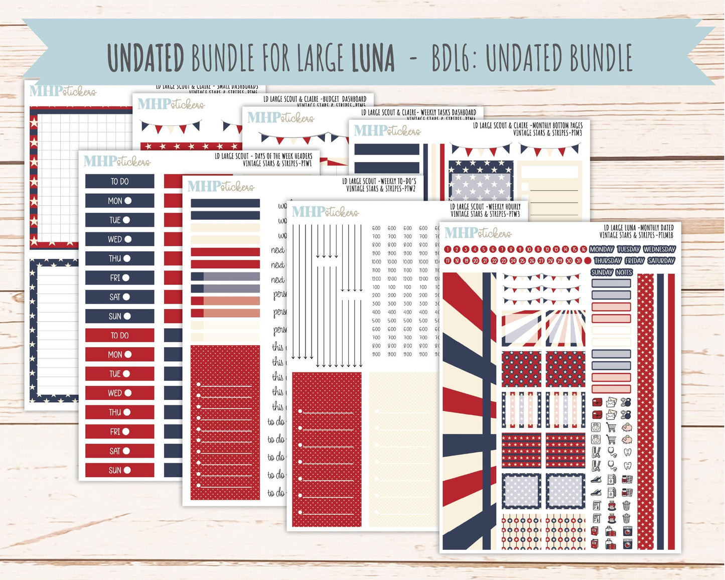 JULY 2026 Stickers for the Large Scout & Large Claire Laurel Denise Planners "Vintage Stars and Stripes" || PT