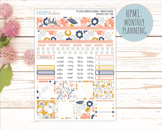 JULY Stickers for Happy Planner Classic Horizontal Layout. 2026 Collection. "Bloom with Grace" || HPH
